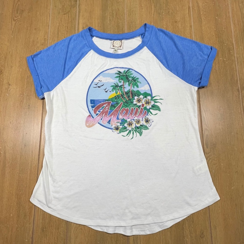 Tru Self‎ Maui Tropical Graphic Raglan T-Shirt Blue White Short Sleeve Mens M